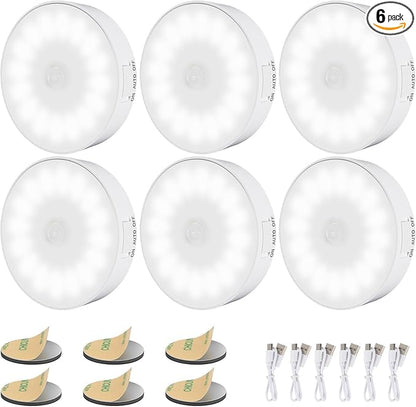 6 Pack Motion Sensor Light Indoor [Upgraded 14 LEDs], USB Rechargeable Night Light, Long Last Battery & 3 Light Modes, Wireless Magnetic Nightlight for Closet, Stairs, Hallway - Cold White