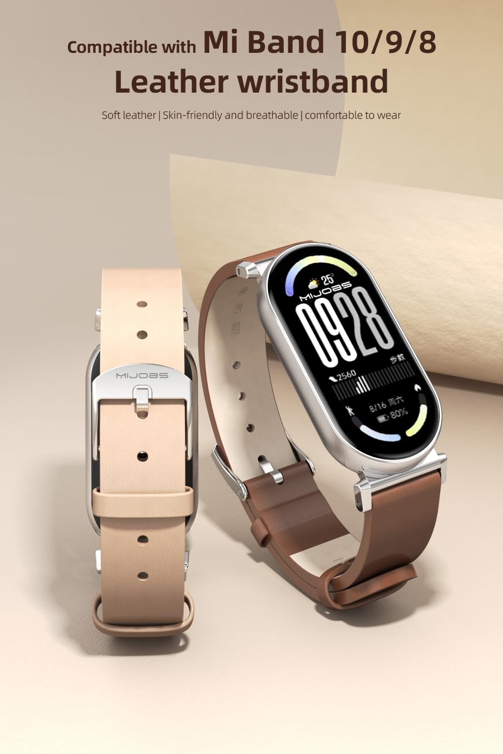 MIJOBS Strap for Xiaomi Mi Band 10/9/8 Genuine Leather Breathable Replacement Strap for Mi Fit Band 10 SmartWatch Straps Wristband Bracelet for Women Men