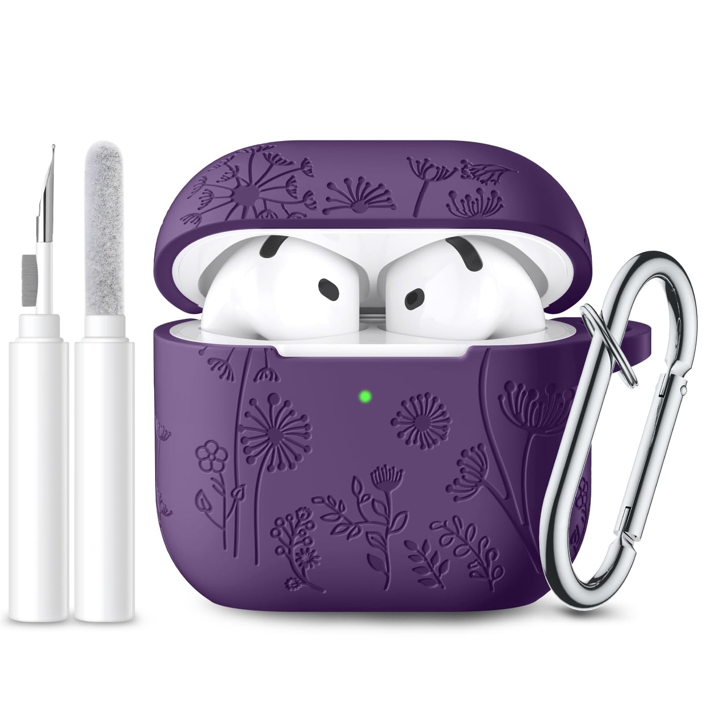 Lerobo for Airpods 4 Case Cover with Cleaner Kit, Stylish Flower Engraved Silicone Shockproof Case Cover with Keychain Compatible with Apple Airpods 4 Case 2024,Front LED Visible, Purple