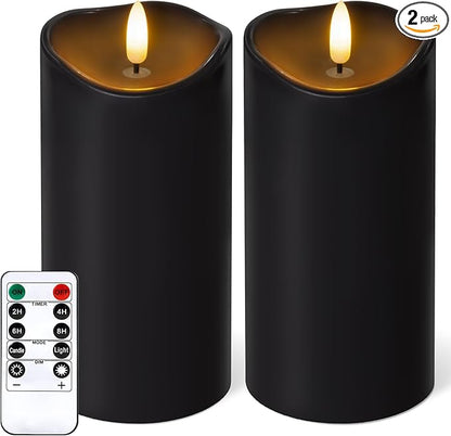 NURADA Outdoor Flameless Candles with Remote Timer - Waterproof Realistic Flickering LED Pillar Electric Battery Operated Fake Candle for Home Halloween Holiday Party Decor - 2 Pack Black(D3”H6”6”)