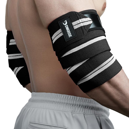 DMoose Fitness Elbow Wraps for Weightlifting (Pair) - 40'' Adjustable Elbow Strap for Gym Workout & Bench Press, Compression Elbow Wraps for Tendonitis & Joint Support, Elbow Sleeve (White Stripes)