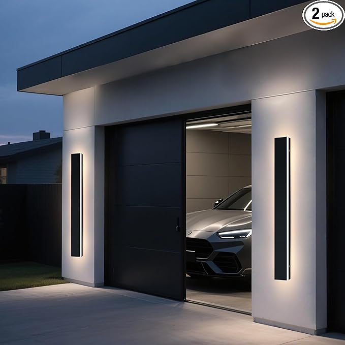 Upgrade Widened 2 Pack 47.2inch Modern Exterior Lighting Fixture, IP65 Waterproof Outdoor Wall Light, 3000K Warm White, 42W, Black Long Strip LED Wall Sconce for Balcony, Yard, Garage