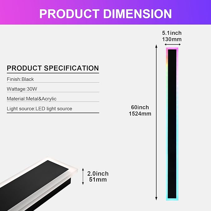 Outdoor LED Wall Lights for House,2 Pack Long RGB Outdoor Wall Lights,60 inch Long Linear Light Fixture,Dimmable Long Outside Wall Light for Porch,Enterway,Garage with Control Remote