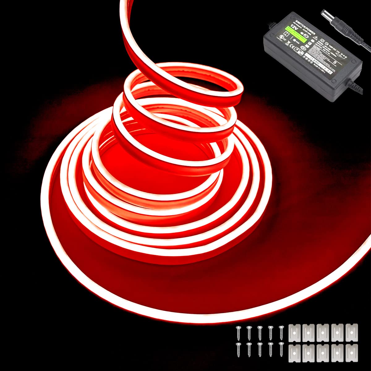 Maxlaxer Red Neon LED Strip Lights, 16.4ft 12V Waterproof Flexible Light for Indoor/Outdoor Decoration (Includes Power Adapter)