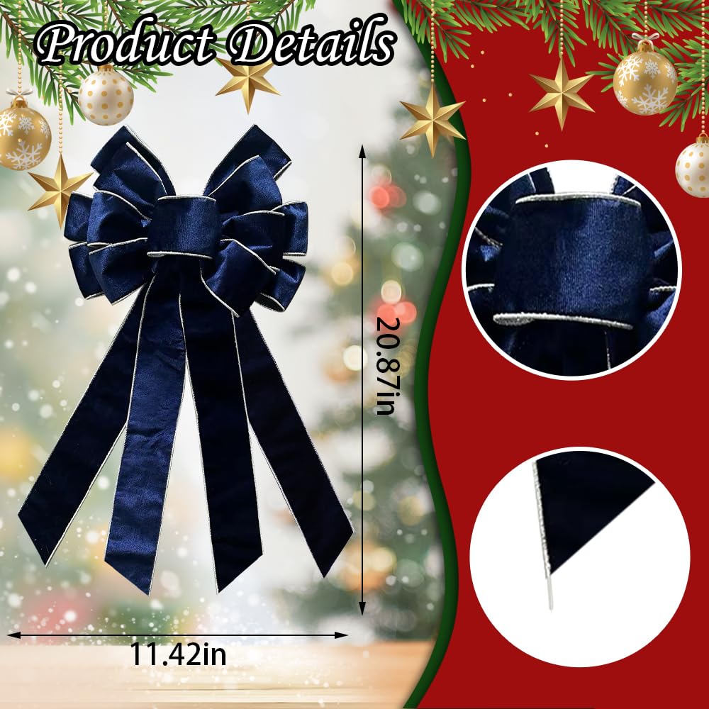 CHMOART Christmas Wreath Bow 20 x 11 Inches Large Christmas Bows Silver Trimmed Blue Velvet Bow Winter Farmhouse Bow Xmas Tree Topper Ornament Bow for Home Front Door Decorations