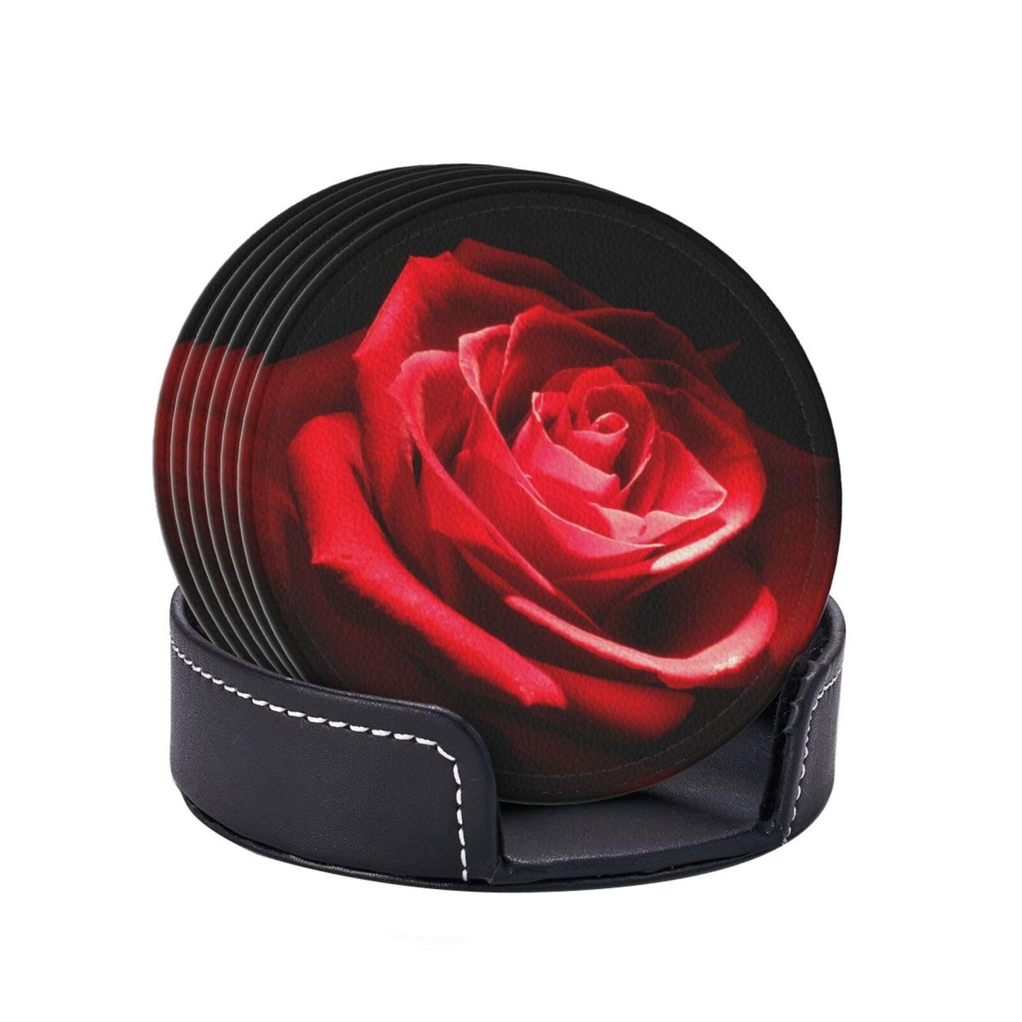 Stylish Red Rose Flower Coasters For Drinks Round Leather Coaster With Holder Set Of 6 For Tabletop Protection Desk Accessories Office Home Room Decor