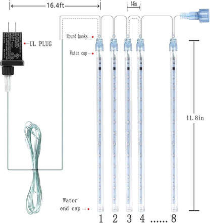 Kwaiffeo Blue Icicle Lights Outdoor, Waterproof Meteor Shower Lights for Christmas Halloween Yard Decorations Outside, UL Plug, 8-Tube