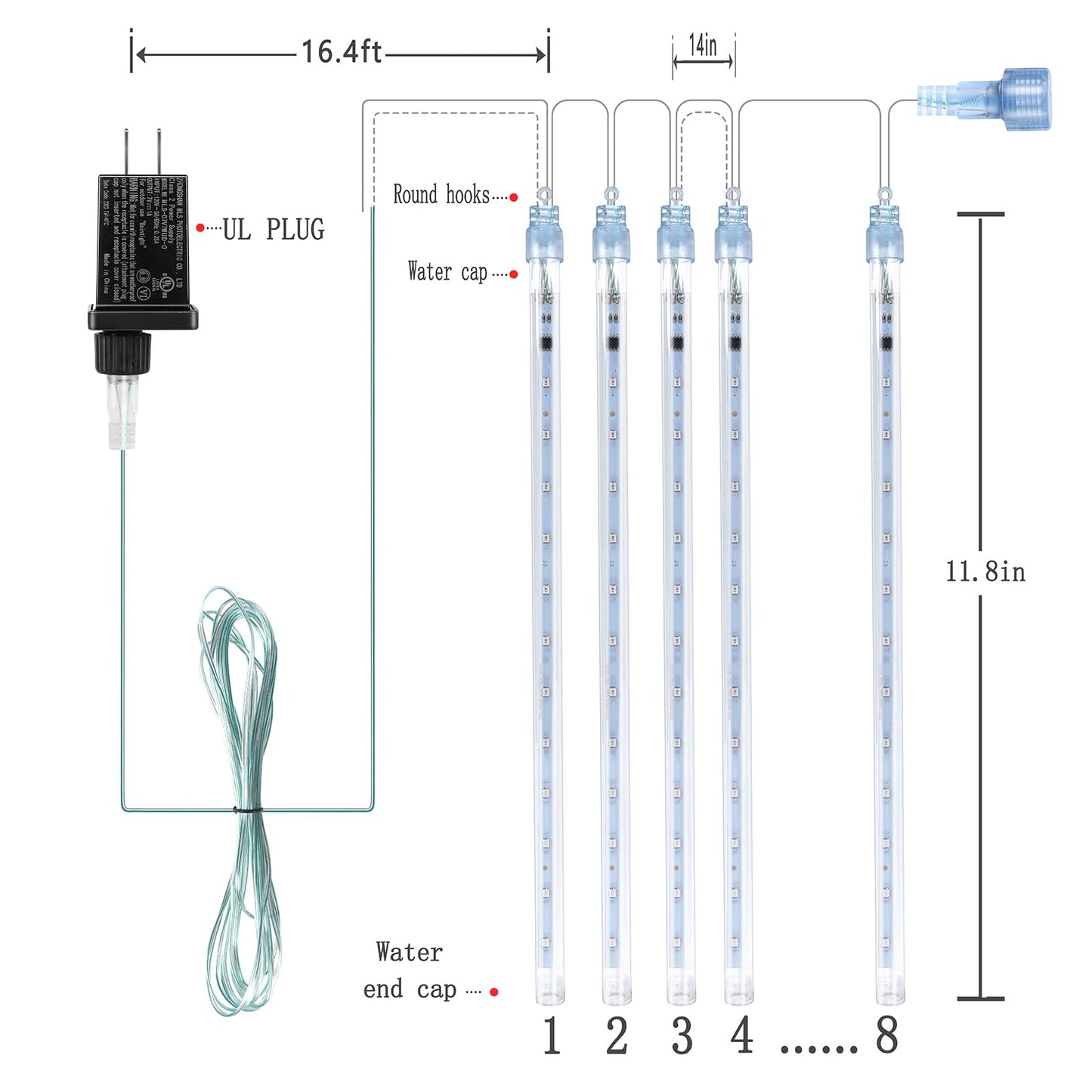 Kwaiffeo Christmas Lights Outdoor, 8 Tubes Meteor Shower Lights LED Snow Falling Icicle Cascading Light for Xmas Tree Wedding Decoration Party, UL Plug, White