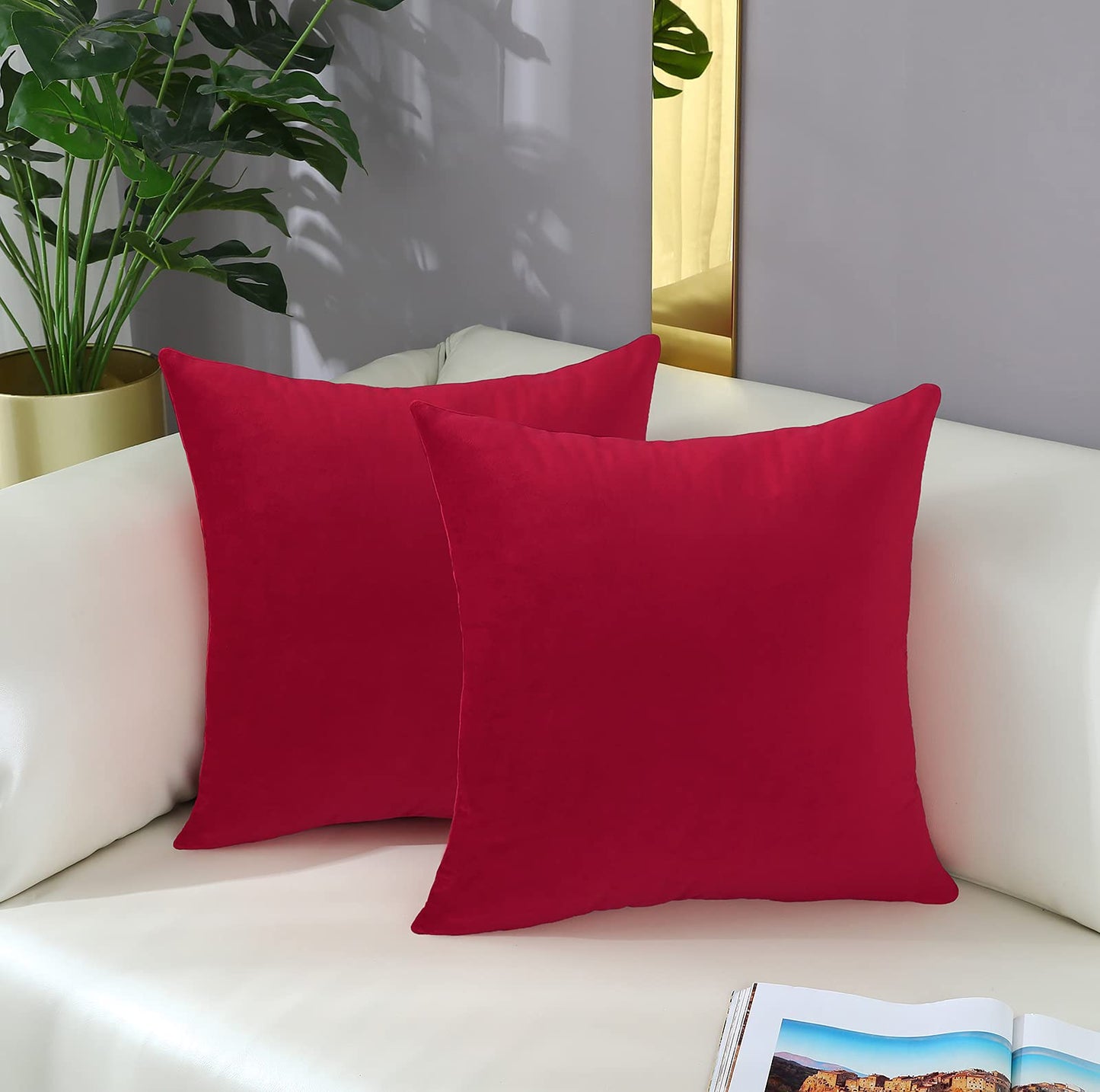 mixeoo Comfy Bright Red Throw Pillow Covers Santa Decorative Square Solid Thick Velvet Super Soft Cushion Cases Home Decor for Sofa Couch Living Room Chair, Set of 2, 18 x 18 Inch