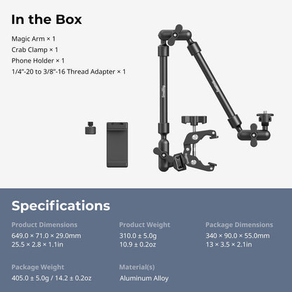 SMALLRIG 22" Magic Arm w Clamp, Overhead Phone Mount, Flexible Desk Camera Mount, Articulating Friction Boom Arm w Thread Adapter, for POV Shot, Light, Webcam, Mic, Action Camera, for Content Creators