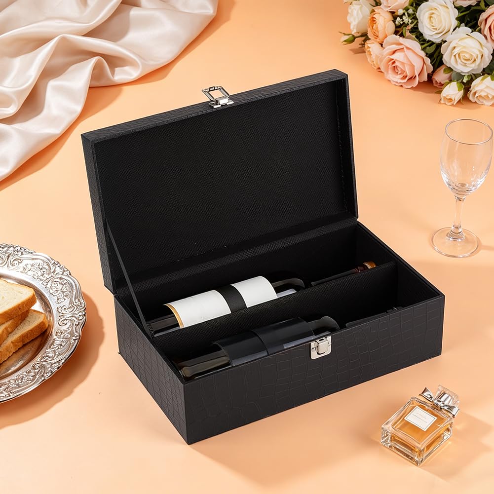 PH PandaHall Wine Gift Box, 2 Bottle Textured Leatherette Wine Carrier Case with Top Handle Bottle Storage Packaging Box for Business Gifts, Party Events, Travel, Holiday, 13.66x7.87x4.65inch, Black