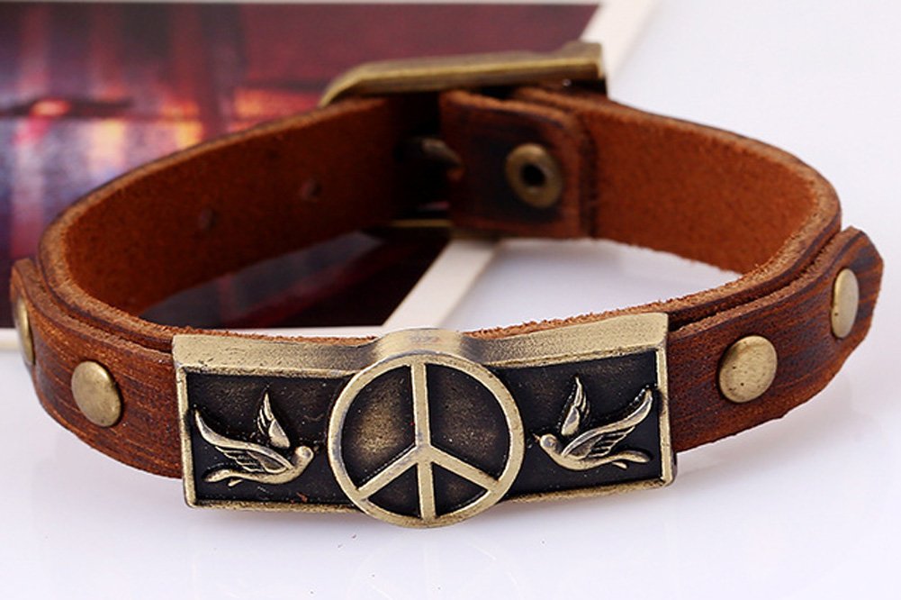 Hamoery Men Punk Leather Buckle World Peace Alloy Cuff Bracelet Bangle Wristband(Peace)