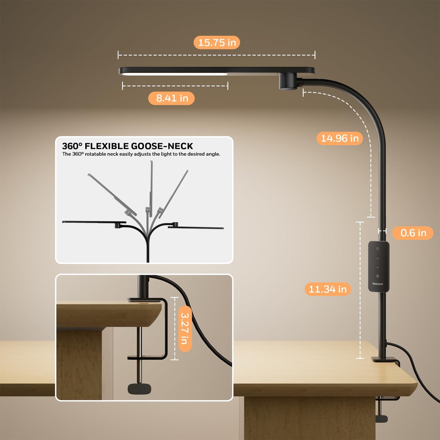 Honeywell HJ2 Sunturalux™ Clamp LED Desk Lamp, CRI≥97 Full-Spectrum Eye-Caring Light, 3 Color Modes & Stepless Dimming, 16" Flexible Gooseneck for Reading, Home Office, Art Creation (Black)