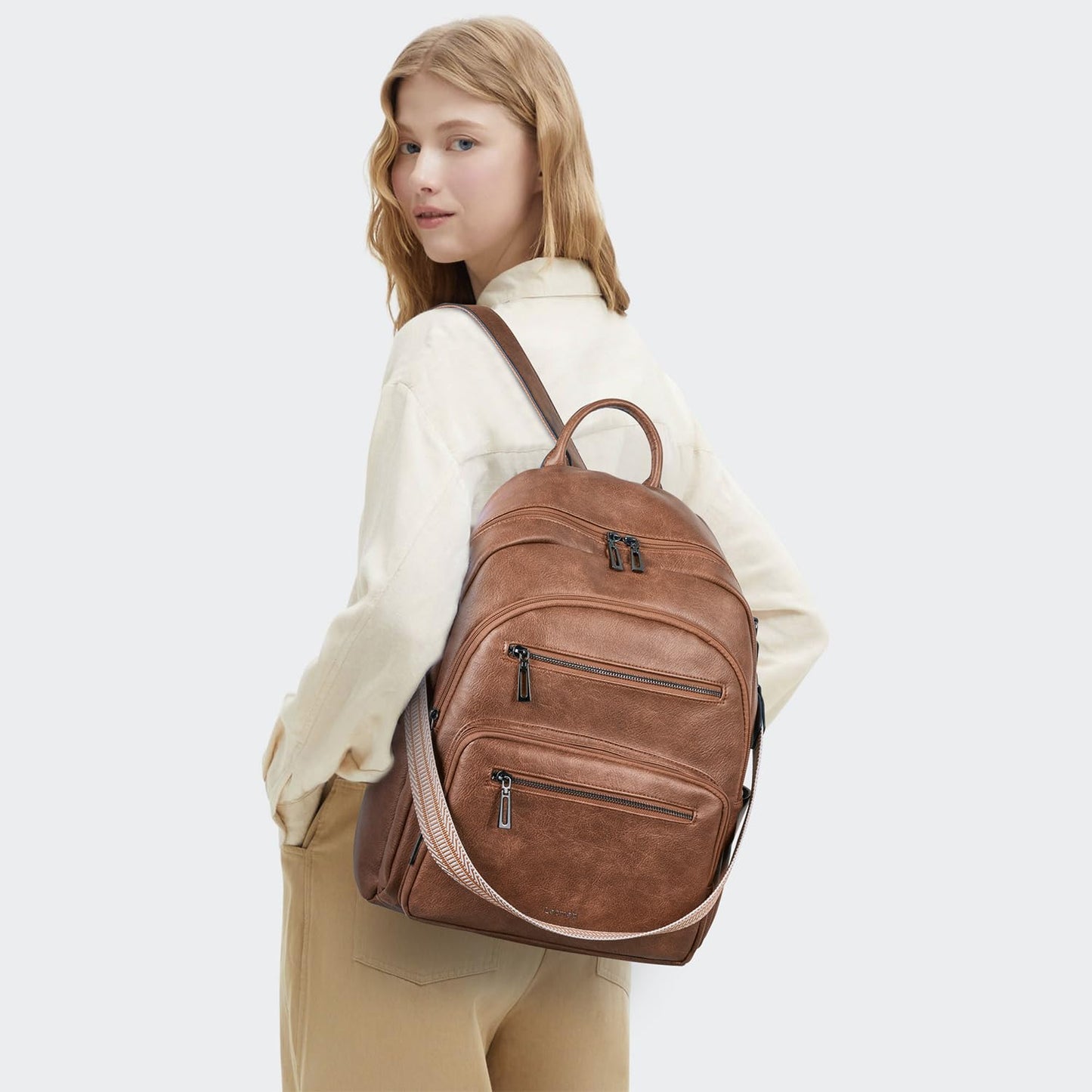 LATMAP Backpack Purse for Women Laptop Backpack, Leather Travel Backpack Shoulder Bag Teacher College Daypack Work Handbag fits 14" Laptop-Brown