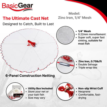 BasicGear Cast Net | Zinc Iron, 3ft Radius, 1/4 inch Mesh for Freshwater and Saltwater Bait Fish | Professional Grade and Upgraded Material | Throw Style