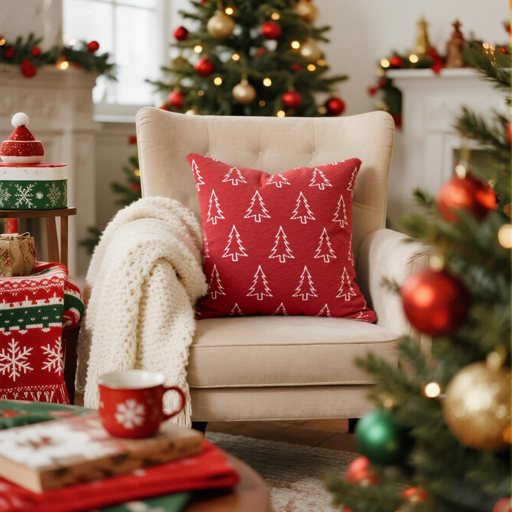 Auomily Christmas Chenille Pillow Covers 20x20 Set of 2, Reversible Snowflake & Tree Design, Cozy Farmhouse Holiday Throw Pillowcases with Hidden Zipper for Sofa, Couch and Bed(Red,20x20)