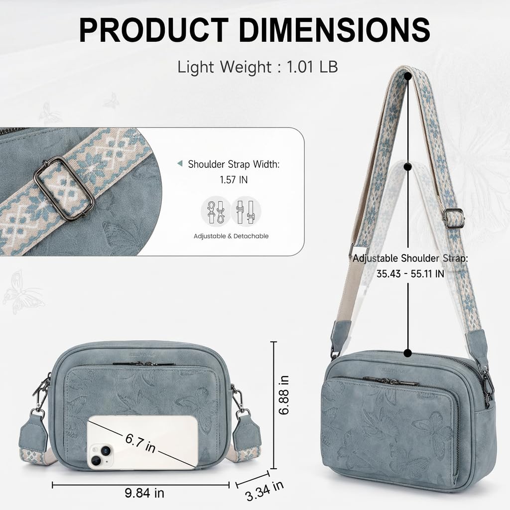 BELTANA Women's Vegan Leather Crossbody Purse with Built in Wallet, Butterfly Trendy Shoulder Handbag with Adjustable Strap (BLUE)