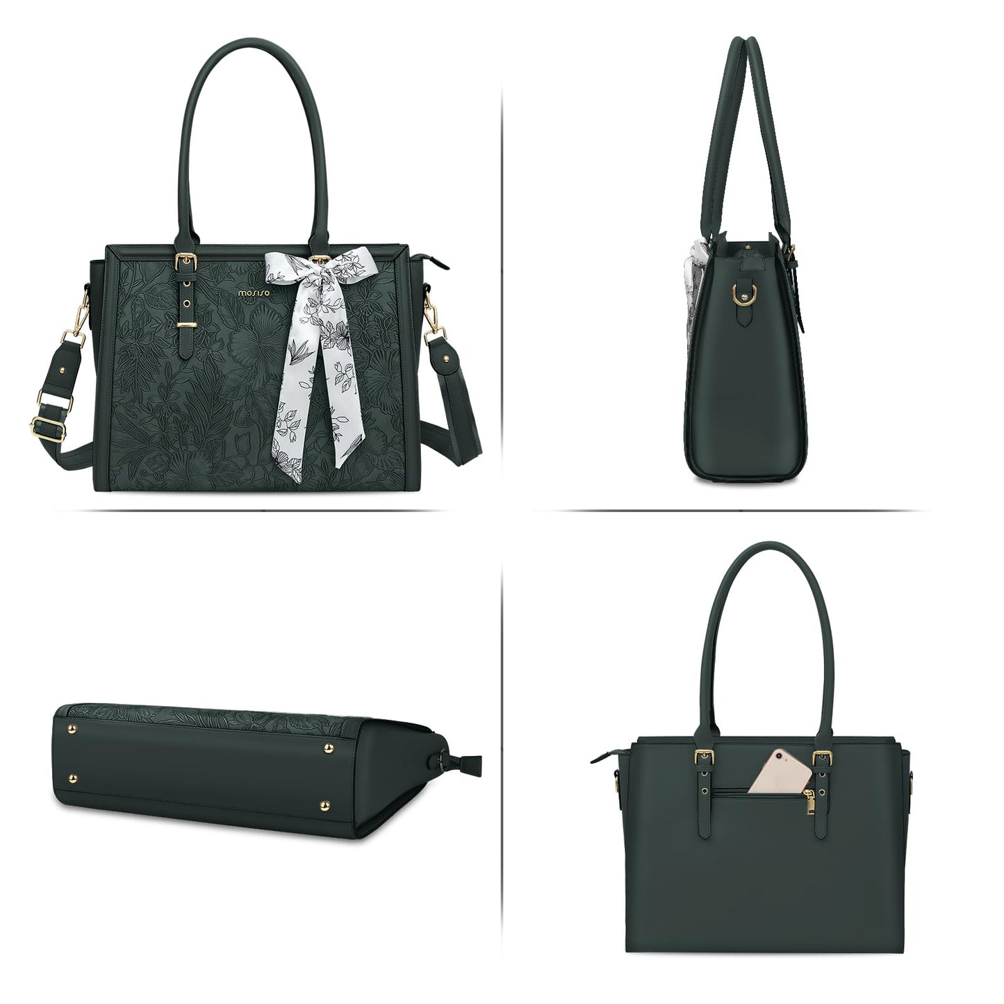 MOSISO Laptop Bag for Women, 15.6-16 inch PU Leather Tote Bag Compatible with MacBook, HP, Dell, Asus Notebook, Front Embossed Retro Hibiscus Computer Bags with Silk Scarf&Clutch Purse, Emerald Green