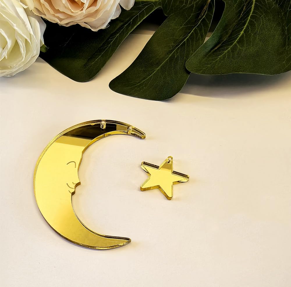 Set of 20 Crescent Moon and Star,Christmas Moon and Star Hanging Ornament for Window &Christmas Tree Decoration (Gold Mirror)
