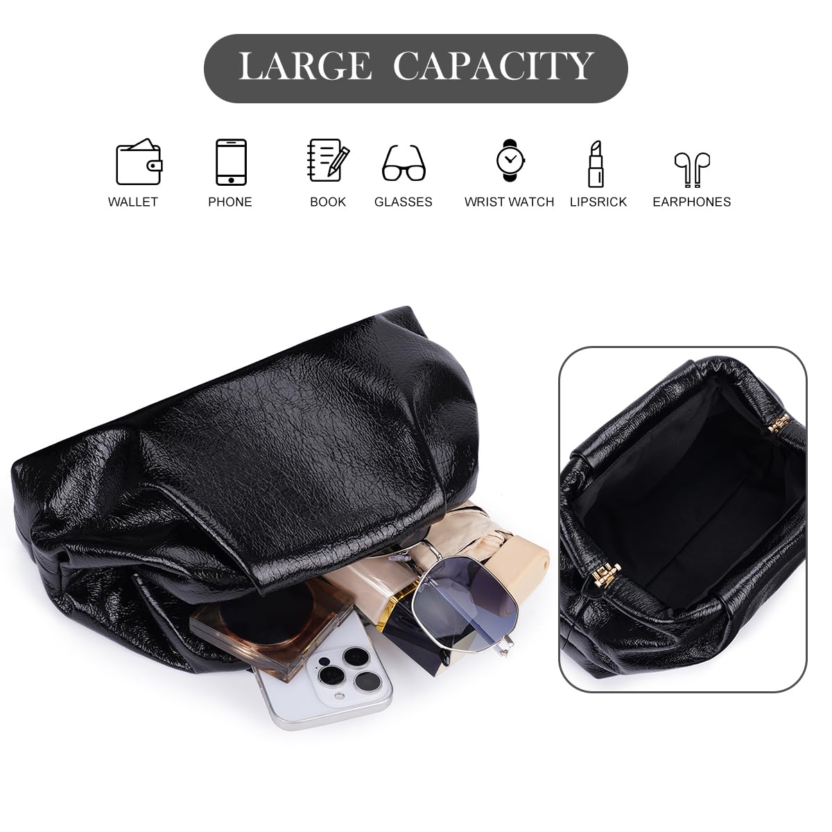 MXCMXC Elegant Evening Purse Cloud Pouch Bag for Women, Metallic Leather Ruched Clutch Dumpling Handbag for Wedding Party (Silver)