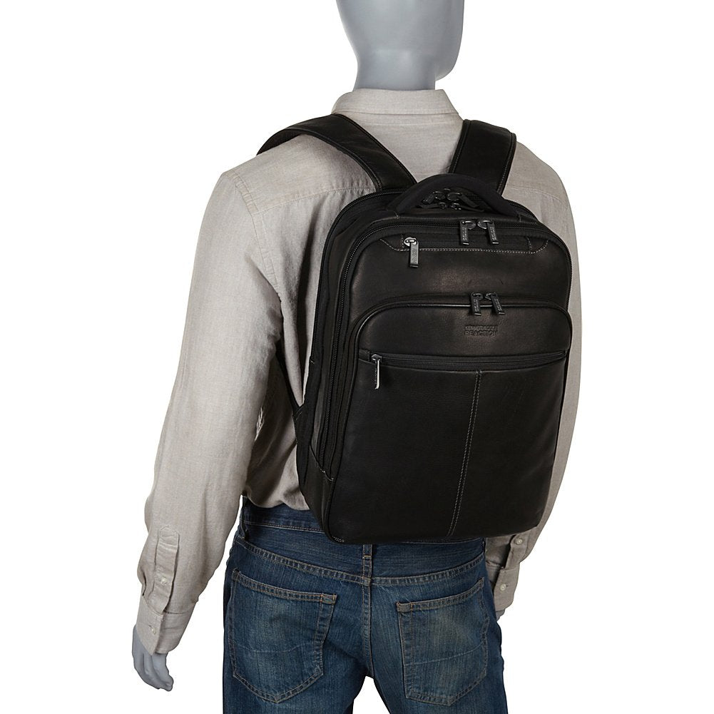 Kenneth Cole Reaction Manhattan Colombian Leather Slim 16" Laptop & Tablet Checkpoint-Friendly Anti-Theft RFID Business Book Bag Backpack, Black