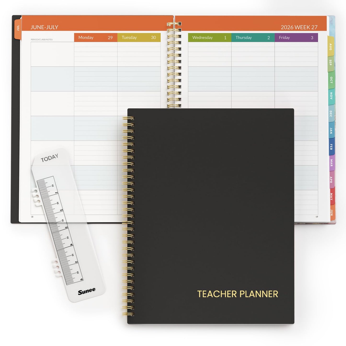 SUNEE Teacher Planner 2026-2027 Academic Year, 7 Periods Lesson Plan Book Jul 2026 - Jun 2027, 8.5"x11" Daily Weekly Monthly Organizers Vertical Layout with Calendars, Bookmark, Waterproof Cover, Black