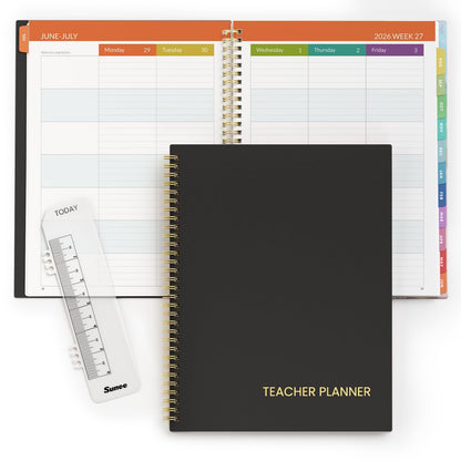 SUNEE Teacher Planner 2026-2027 Academic Year, 7 Periods Lesson Plan Book Jul 2026 - Jun 2027, 8.5"x11" Daily Weekly Monthly Organizers Vertical Layout with Calendars, Bookmark, Waterproof Cover, Black