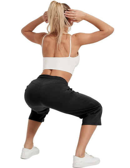 SPECIALMAGIC Women Capri Pants Cotton Yoga Wide Leg Pajama Pants Capris Sweatpants Sports Black Large