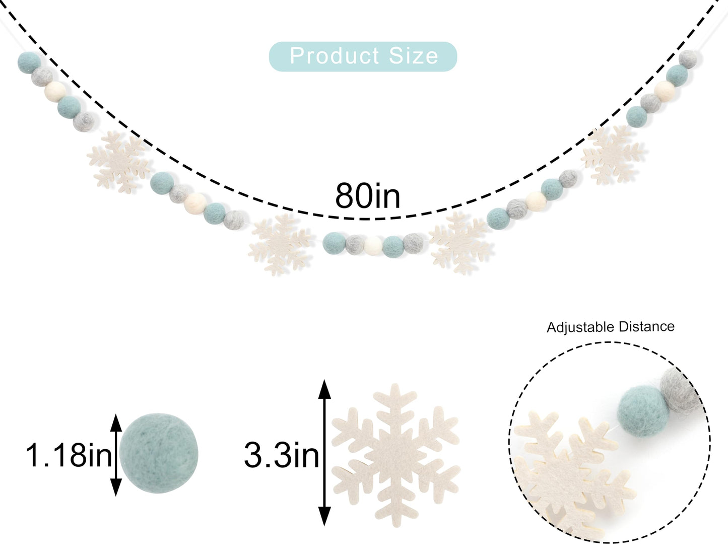 Snowflake Felt Ball Garland - Winter Birthday Home Decorations,Frozen Snowflake Garland Photo Props,Winter Wonderland Felt Ball Banner,Felt Snowflake Mantel Wall Hanging Decoration