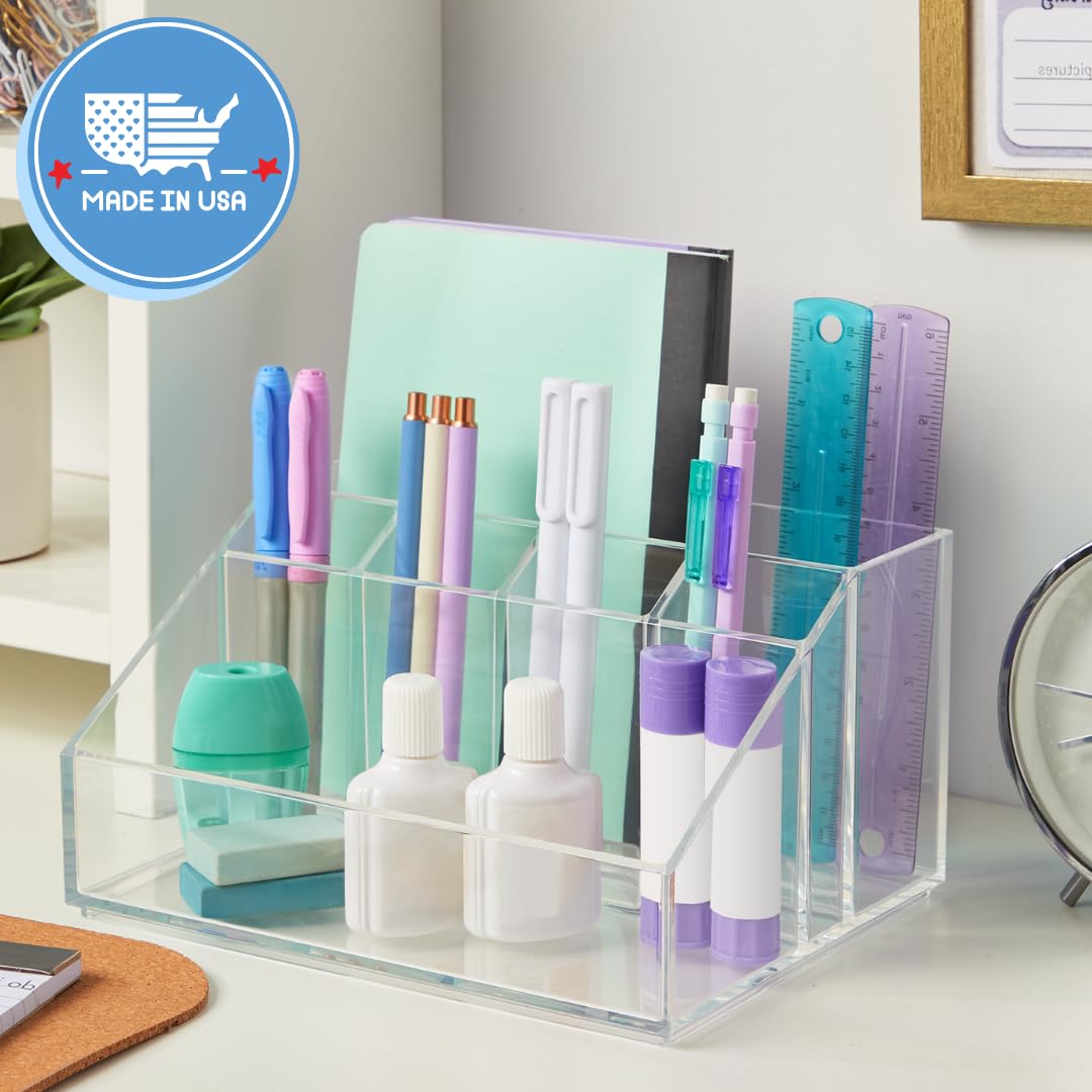 STORi Chloe Clear Plastic Stackable Desk Organizer, Rectangular 6-Compartment Office Supply Holder for Pens, Markers & Notepads, Made in USA