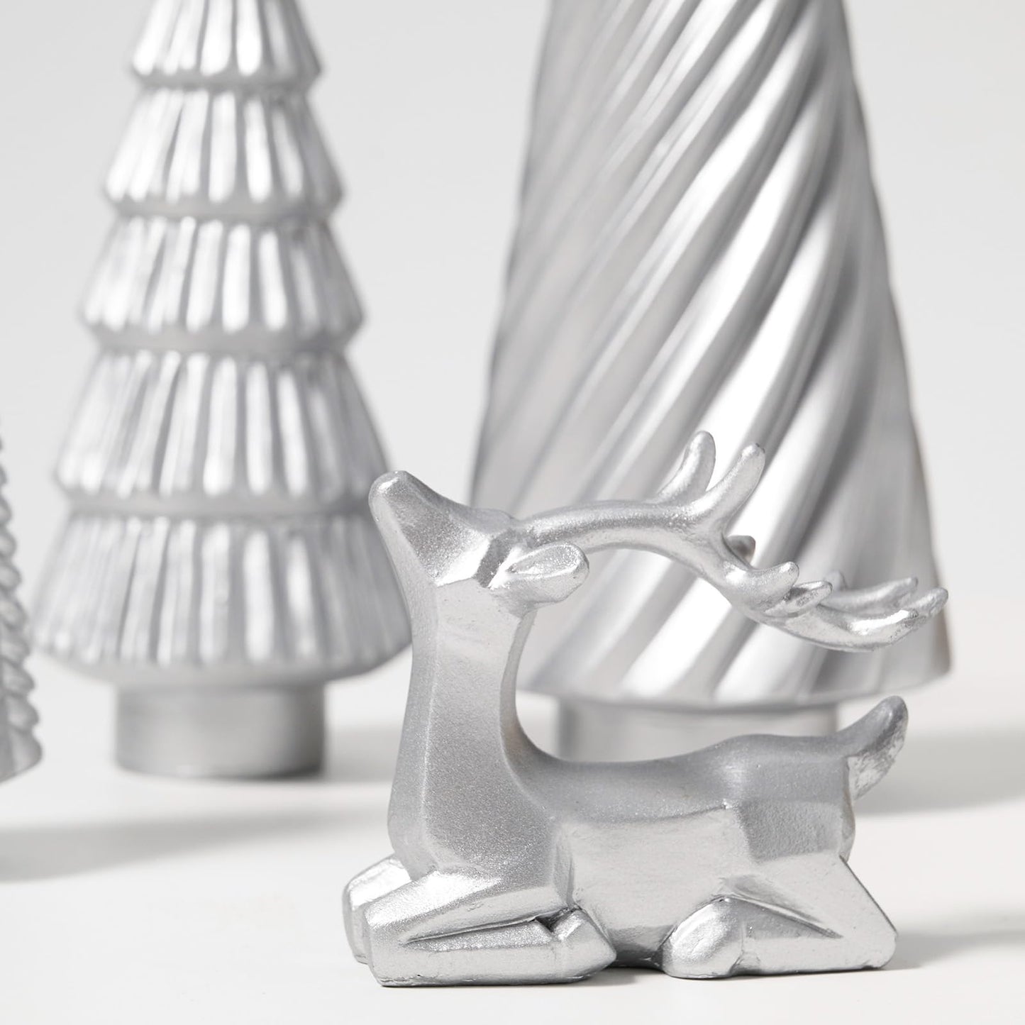WDS WONDROUS Christmas Decor Trees and Reindeer Figurines Decoration- Sliver Set of 5 Christmas Tree Statues and Deer Decor Set, Resin Ornaments Tabletop Shelf Office Indoor