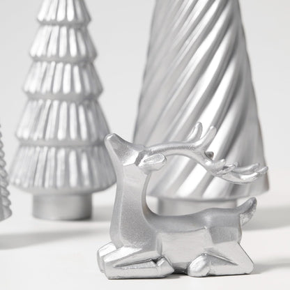WDS WONDROUS Christmas Decor Trees and Reindeer Figurines Decoration- Sliver Set of 5 Christmas Tree Statues and Deer Decor Set, Resin Ornaments Tabletop Shelf Office Indoor