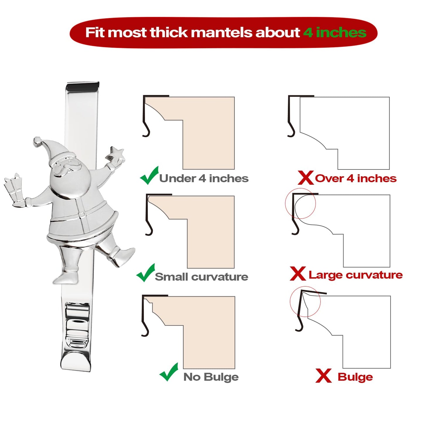 XENTUMI Christmas Stocking Holder for Mantle, Reusable Christmas Stocking Hooks, No-Damage Xmas Hanger for Fireplace Mantle Grip Stand Christmas Decoration Ornaments Hanging Shelf Floor