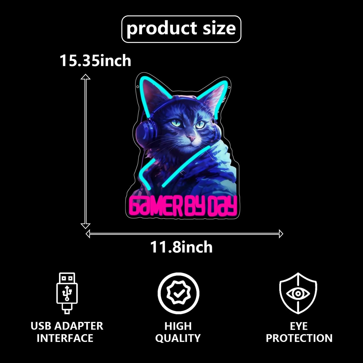 RuCvixkt Gamer By Day Cat Neon Sign, Cool Gaming Cat LED Light, Neon Signs Wall Decor for Game Room, Man Cave, Bedroom, Bar, Gift for Boys Girls Birthday Party Christmas