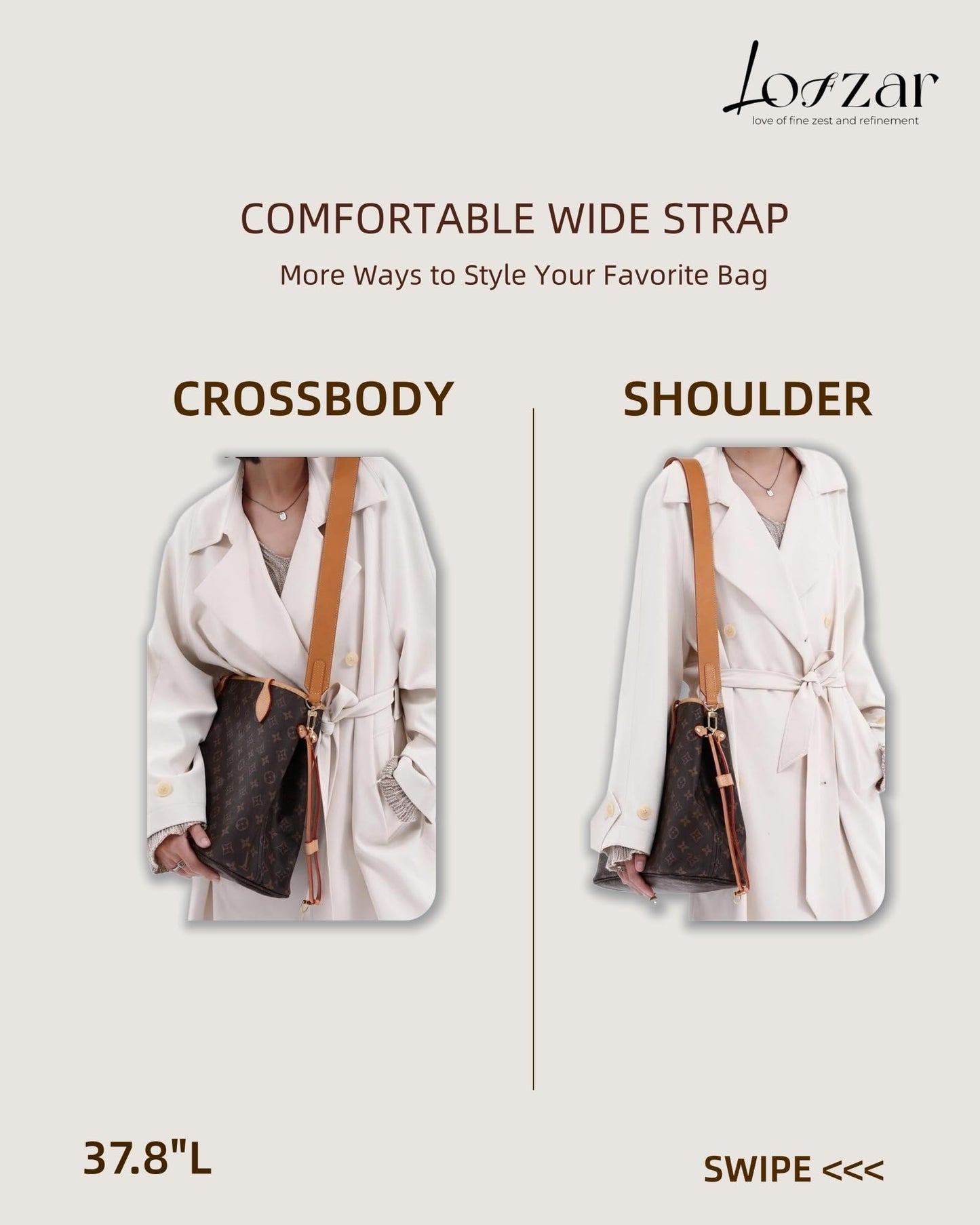 LOFZAR Wide Vachetta Leather Replacement Bag Strap, Fits Neverfull PM/MM/GM Graceful and More (37.8" L, Beeswax)