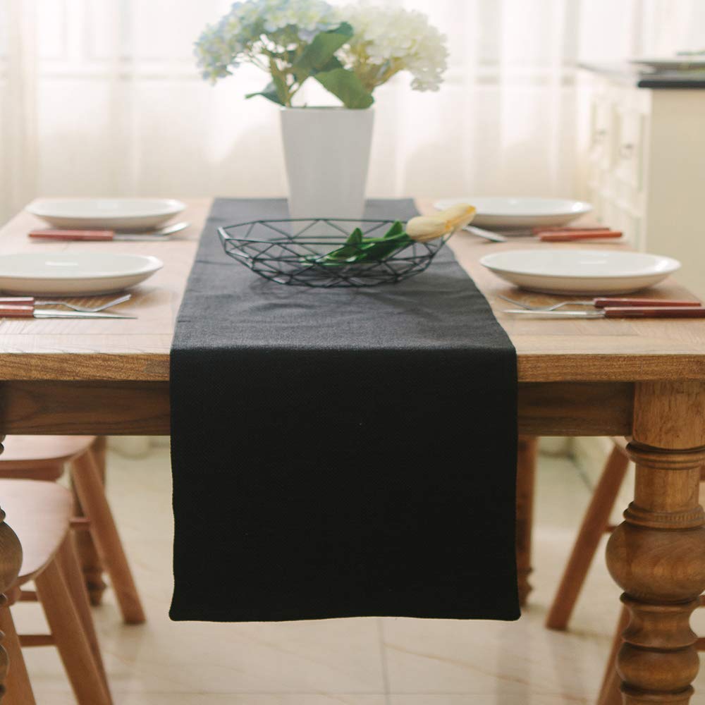 2 Piece Fabric in 1 Dinning Table Runner 12 x 120 Inches Farmhouse Kitchen Coffee Burlap Table Runner for Holiday Party, Black