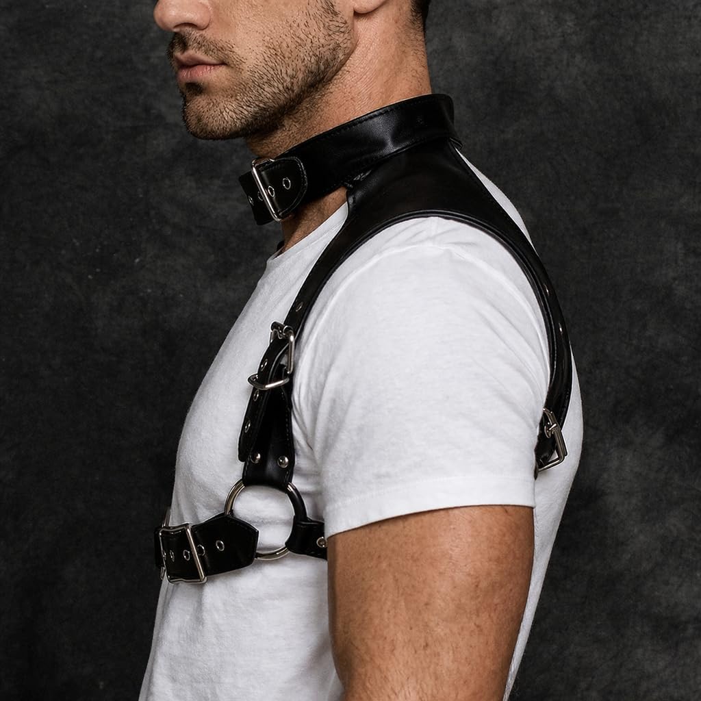 Men's PU Leather Gothic Punk Chest Harness Belt, Adjustable Body Strap with Metal O-Ring, Festival Rave Clubwear Costume Top for Cosplay Halloween Party Nightclub Wear Black