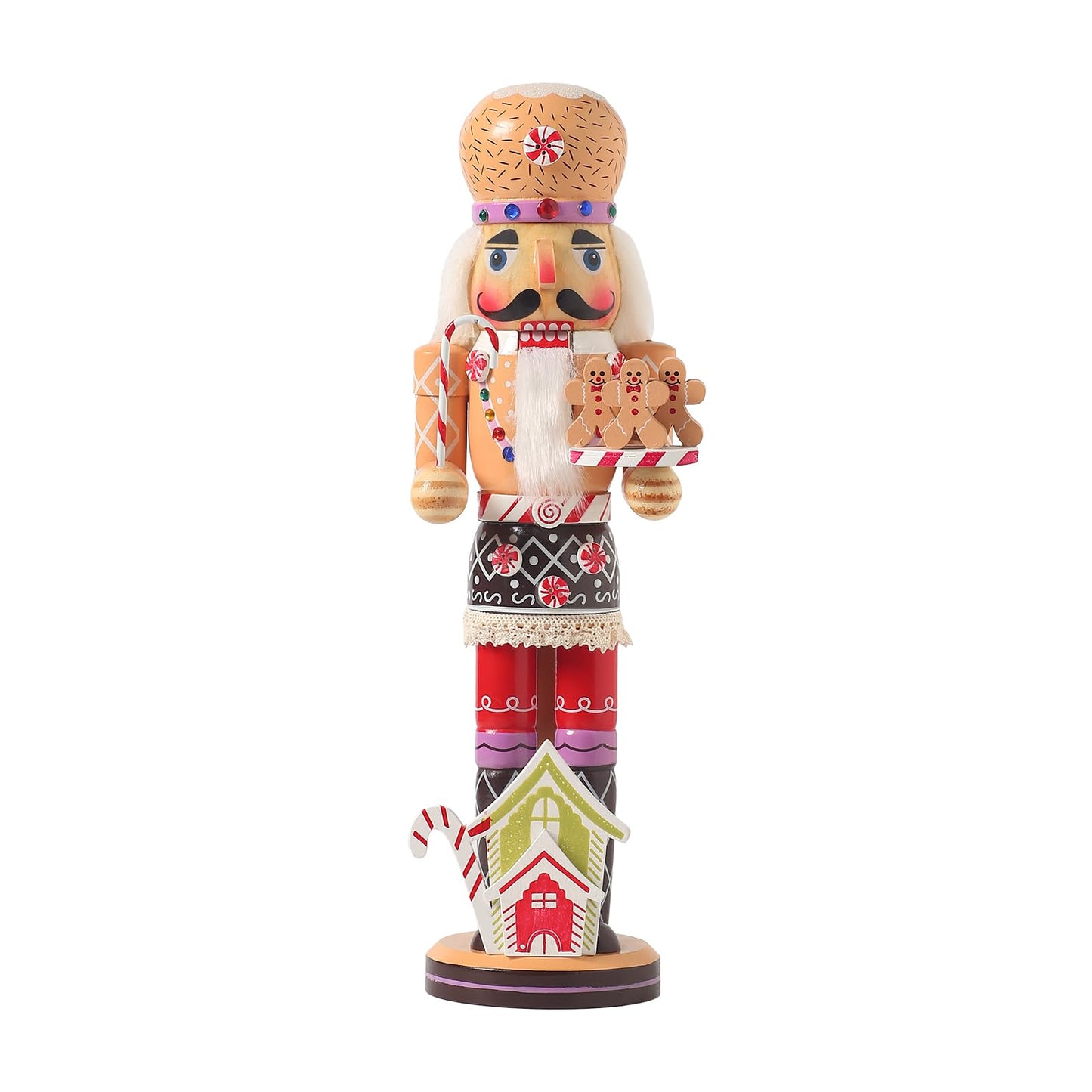 KoolShare 15-Inch Gingerbread Christmas Nutcracker, Wooden Baker Figurine with Cupcake Hat, Tray of Gingerbread Men & Candy House Base, Handcrafted Candy Land Decor for Holiday Mantel or Tabletop