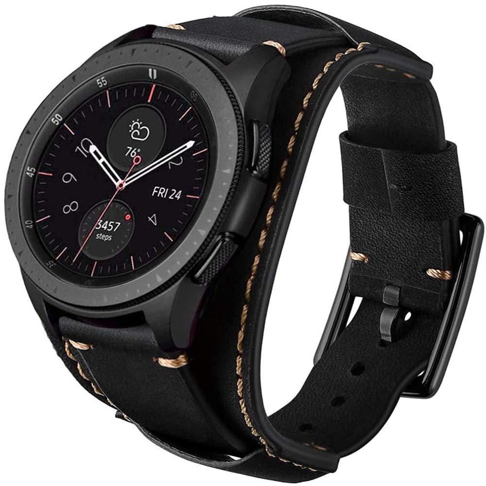 Sjiangqiao Compatible with Samsung Galaxy Watch 46mm/Gear S3 Frontier/Classic Bands, 22mm Vintage Genuine Leather Replacement Strap Cuff Bracelet Wristband Accessories Wrist Belt for Men Women(Black)