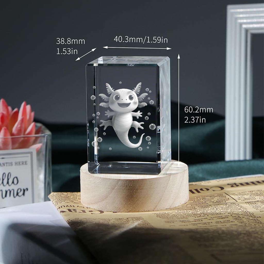 YouerCrystal 3D Axolotl Crystal Night Light for Kids, Emotional Support Gift for Animal Lovers Christmas Valentines Anniversary