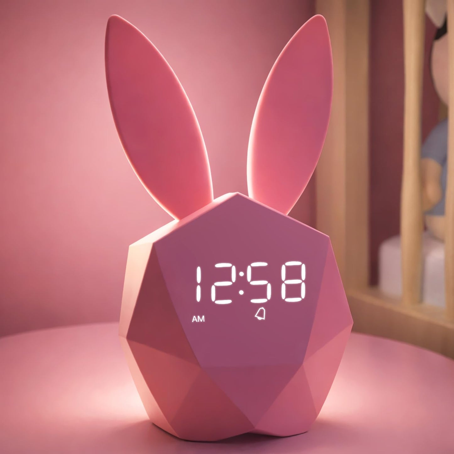 MASHI Bunny Kids Alarm Clock for Girls, Pink Alarm Clock with Night Light & Snooze, Sound Activated Digital Clock, 5 Ringtones & Adjustable Volume,Gift Ideas for Kids Girls Teens Room Decor (Pink)