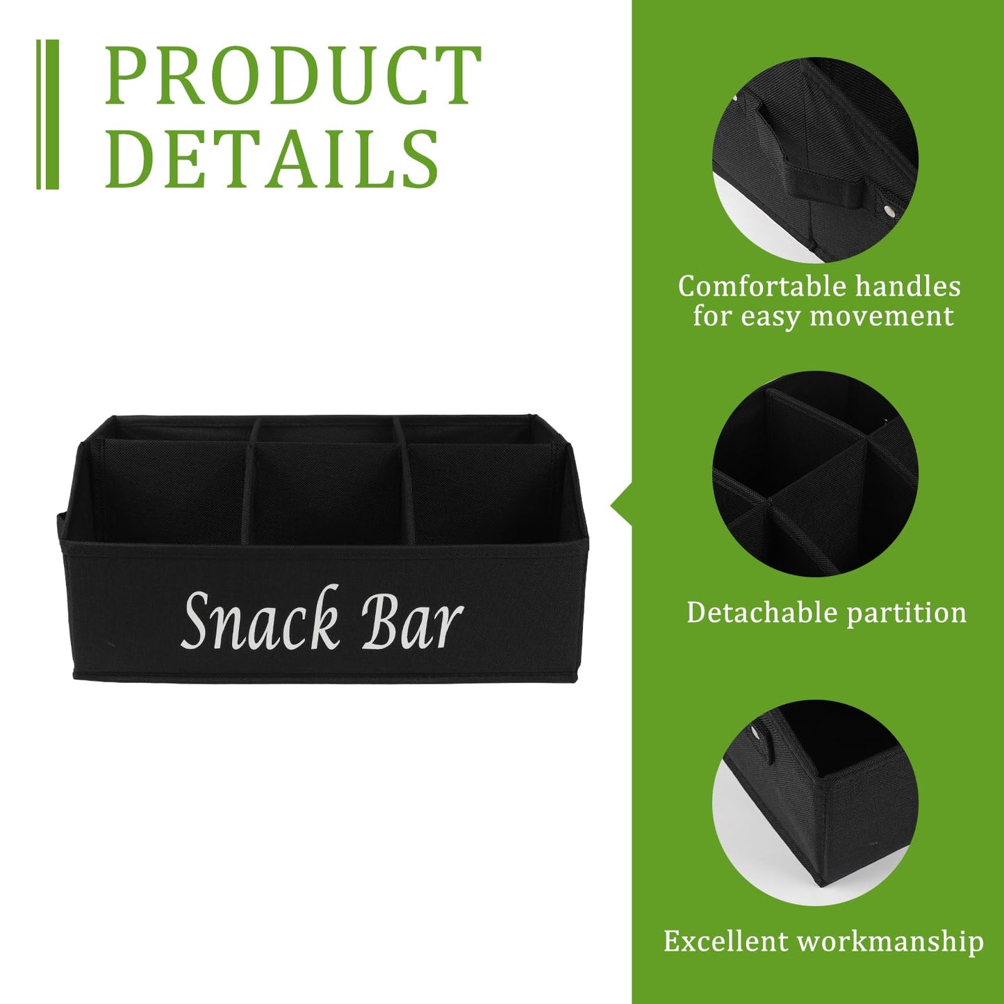 Gdfjiy Snack Organizer for Countertop, Trapezoid Fabric Snack Bin Holder with Side Handles, 6 Compartment Snack Basket Container, Lightweight Snack Bar Station Organizer, Kitchen Pantry Storage-Black