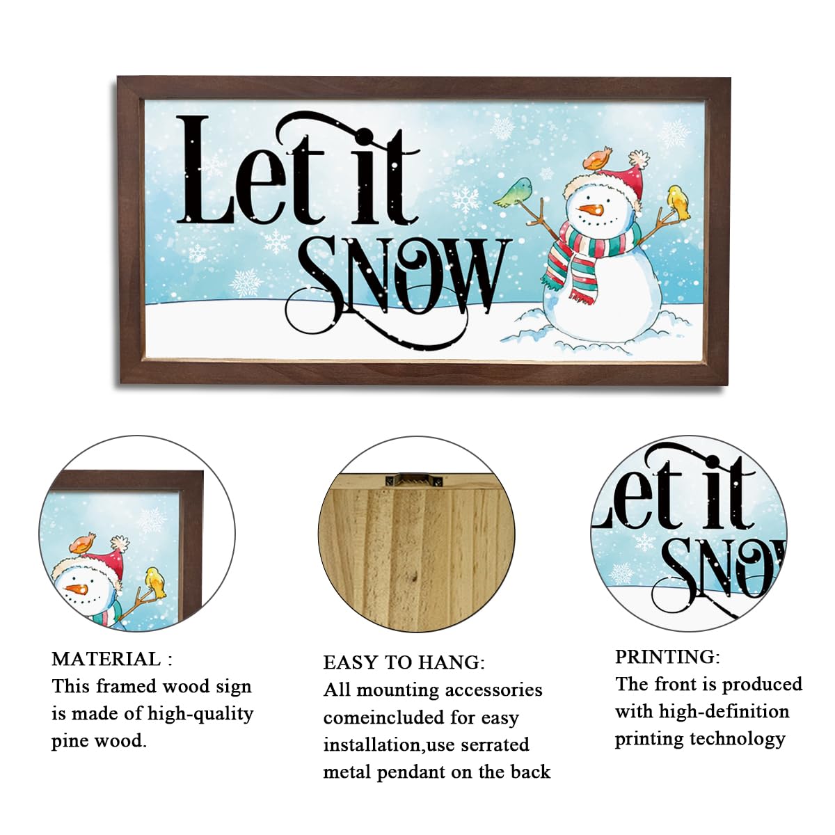 Let It Snow Sign, Winter Decor Signs, Snow Lover Home Decor, Christmas Snowman Signs, Christmas Decorations Sign for Wall, Winter Decors Art, Rustic Framed Wooden Plaque 15×7.5×0.3 inches