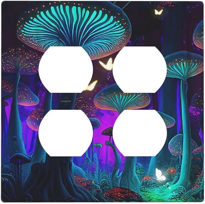 Decorative Light Switch Cover Plate Fantasy Mushroom Forest Glowing Butterfly 2 Gang Socket Covers Double Duplex Wallplates Switch Plates and Outlet Covers for Bathroom Home Decor