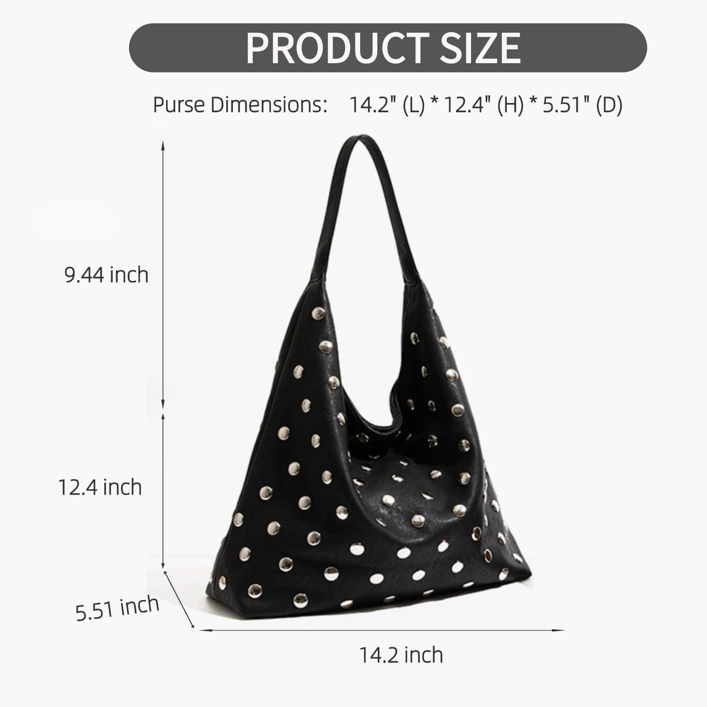 Liziblloy Studded Purse Soft Leather Studded Bags for Women Studded Slouchy Hobo Shoulder Handbag Tote Purse,Black