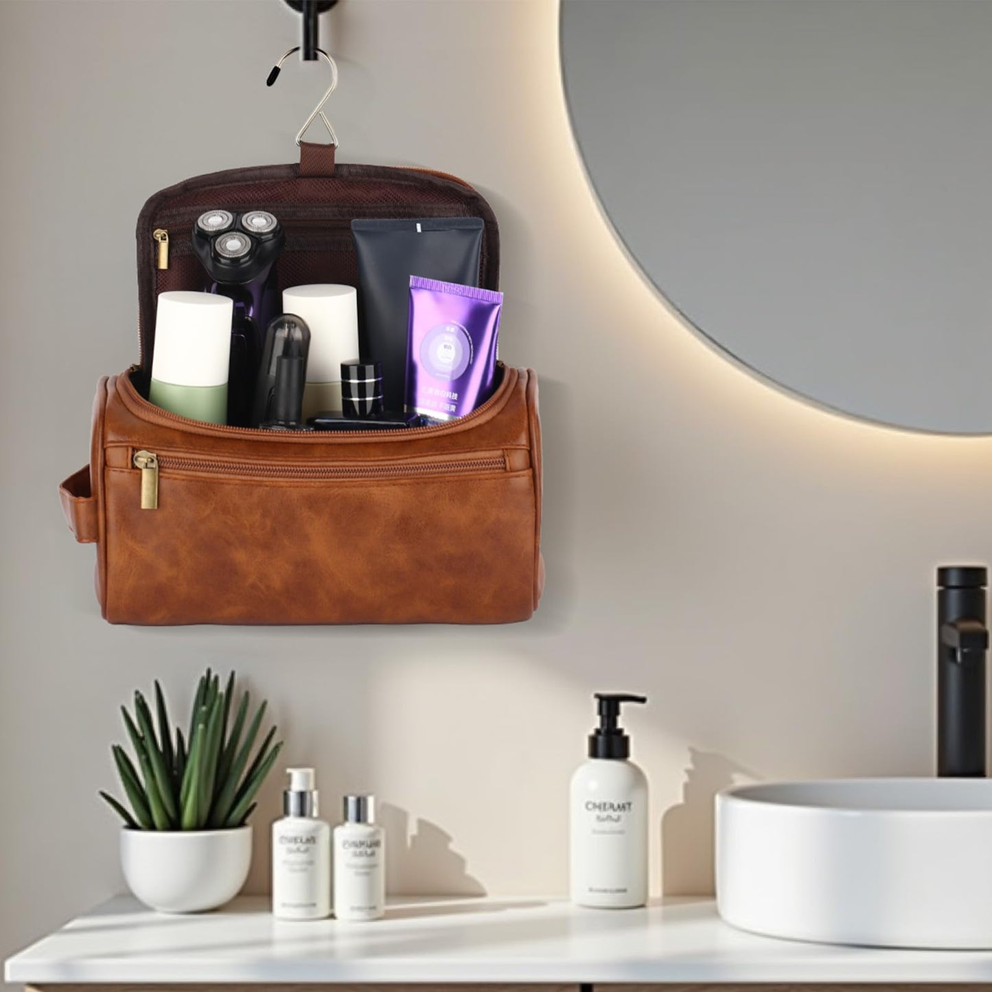 OXYEFEI Personalized Toiletry Bag for Men,Personalized Gifts for Men,Engraved Initial PU Leather Mens Toiletry Travel Shaving Travel Essentials Toiletries Bag for Him Birthday (W, Light Brown)