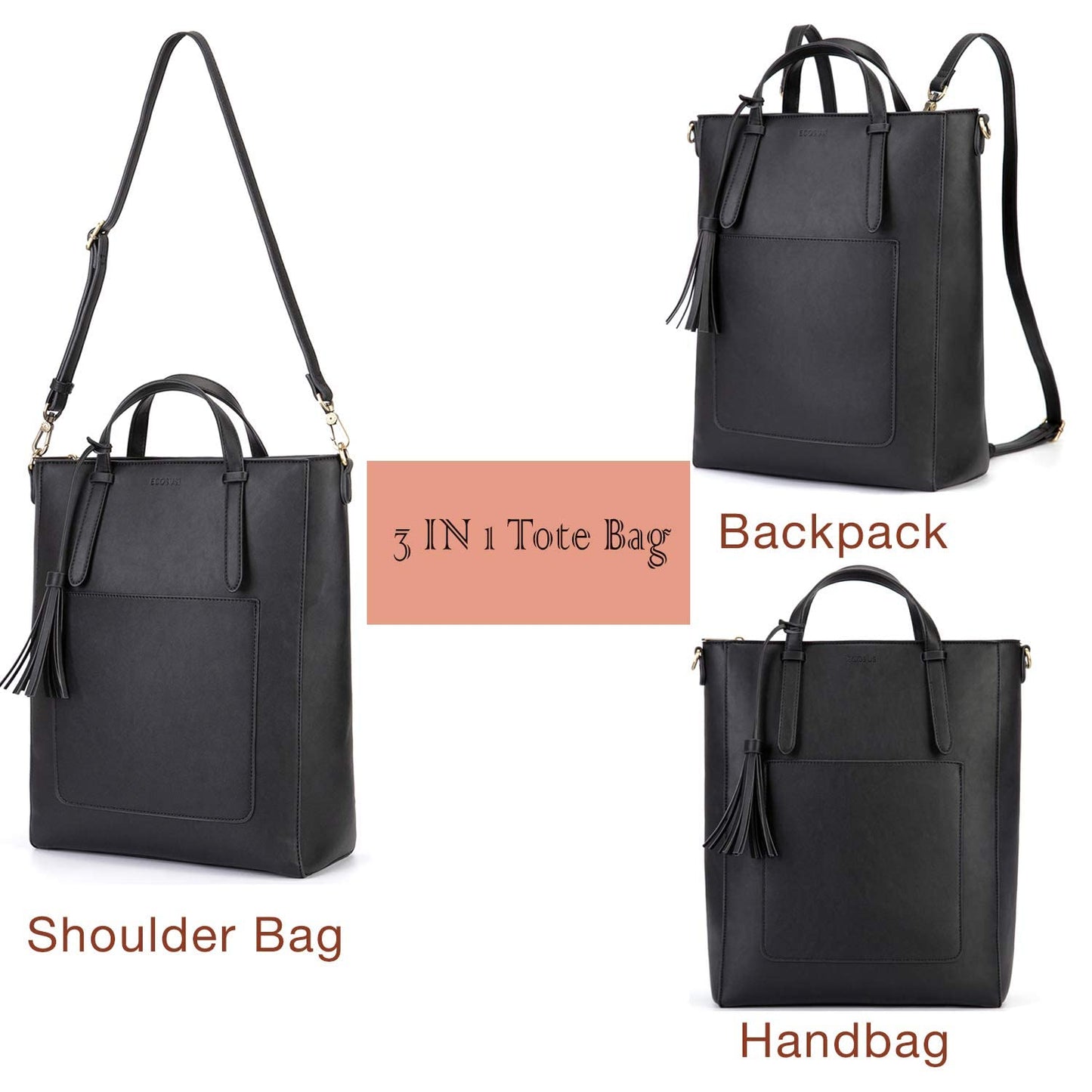ECOSUSI Tote Bag Convertible Backpack Purse for Women Vegan Leather Handbag Multifunction Shoulder Bag for 14", 13L