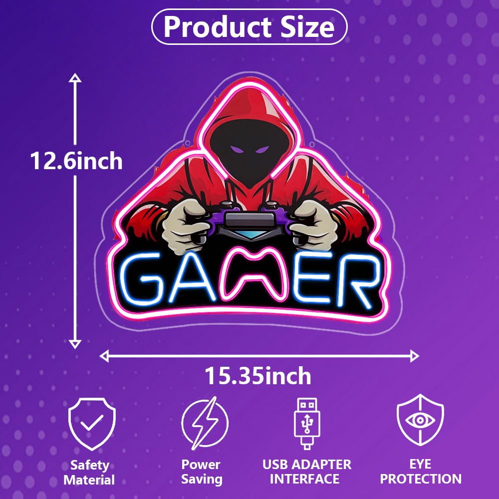 RuCvixkt Gamer Neon Sign for Game Room Decor, Gaming Neon Sign LED USB Power Neon Lights for Boys Bedroom, Man Cave, Gaming Wall Decor, Gifts for Teen Boys, Birthday Christmas