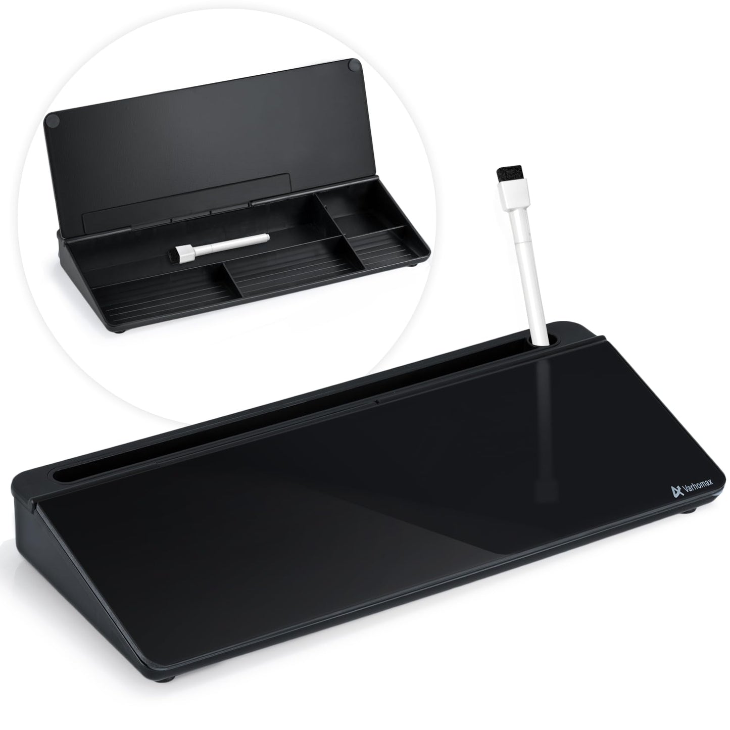 Varhomax Desktop Whiteboard with Storage, Desk Organizer Dry Erase Glass White Board to-do List Memo Notepad for Home Office and School Supplies (Black)