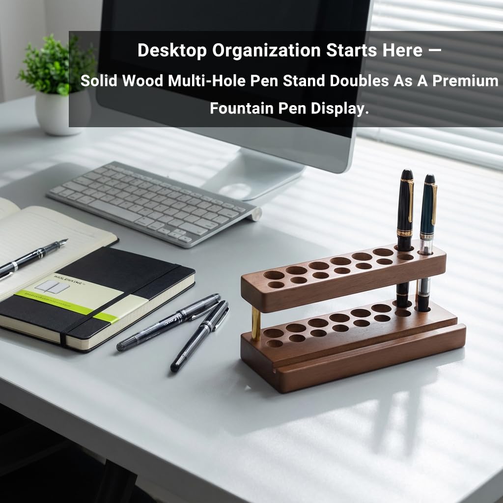 LUMRRSK Pencil & Pen organizer for Desk,Wooden pen holder with Phone Stand for Office & Home,Solid Walnut Pencil Display Stand (Double-row - Walnut)